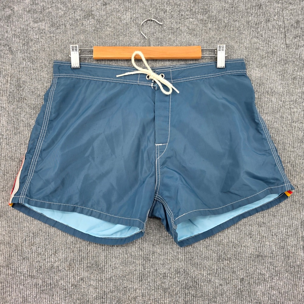 Vintage Sundek Challenger 60161 Blue Rainbow Stripe Board Shorts Made in USA 32